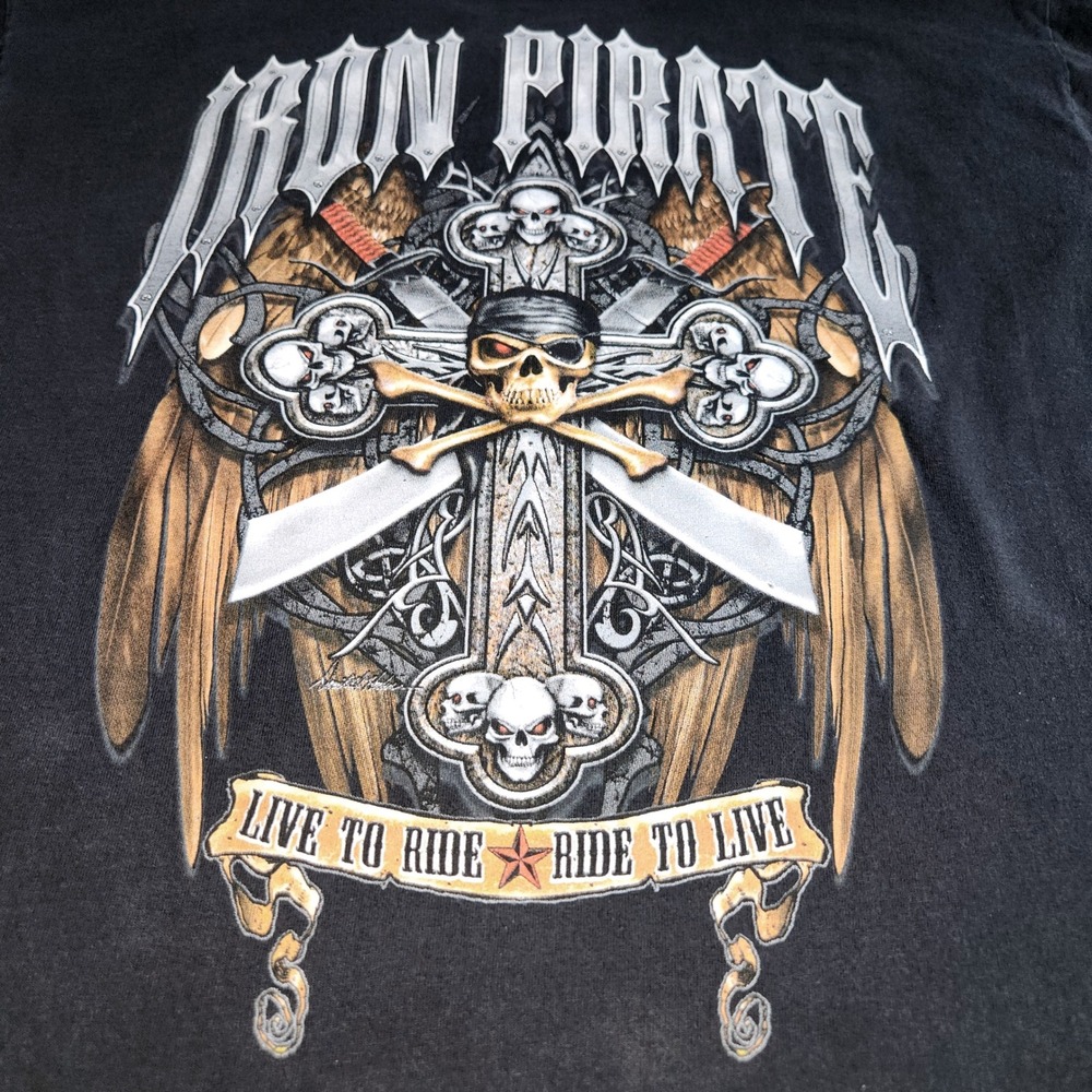 Iron Pirate Graphic T Shirt‎ Large Skull Wings Biker Live to Ride Mens Tee Y2K